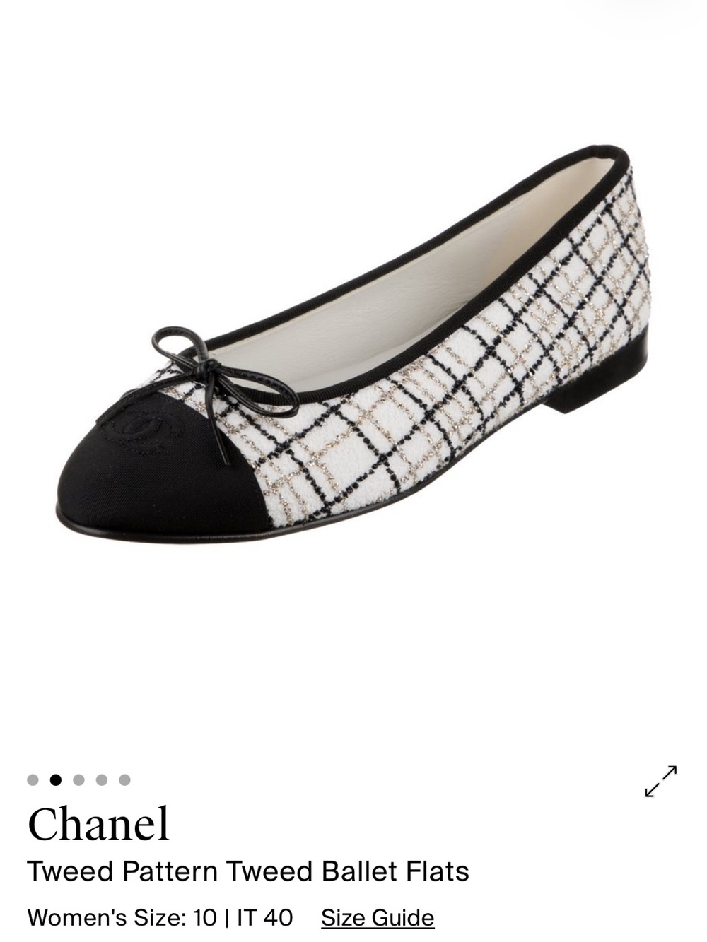 CHANEL metallic & White Tweed & Black Cap-Toe Ballet Flats size 40 - Picture 3 of 4